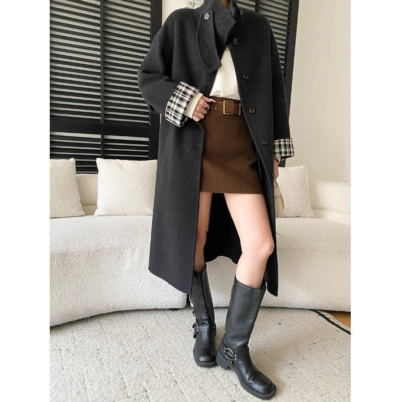 Women's Button-Front Wool-Blend Coat with Stand Collar
