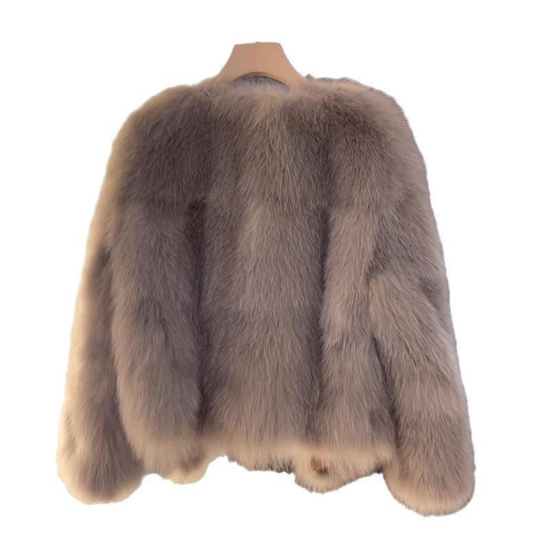 Women's Faux Fur Jacket with Buckle Detail Open Front