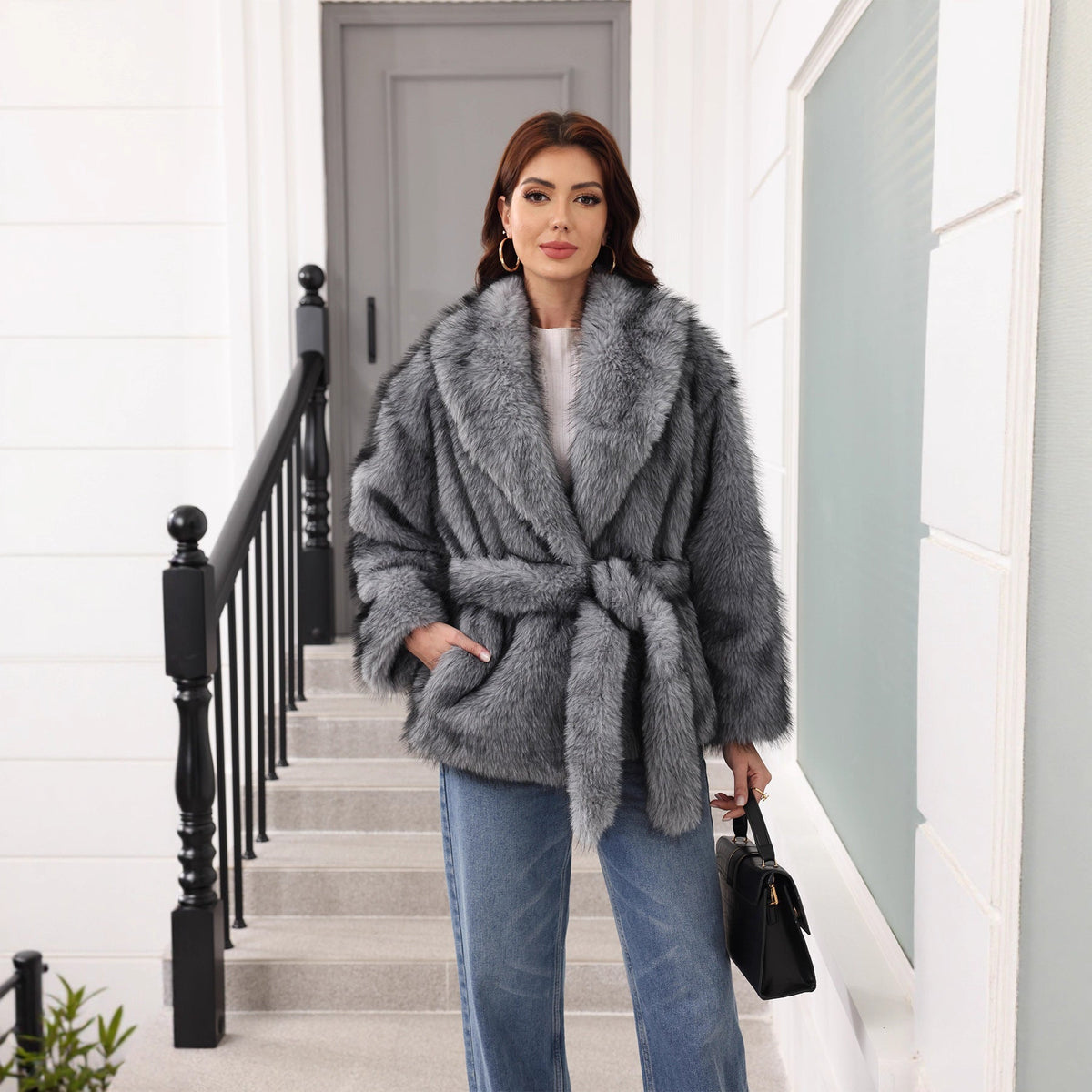 Women's Faux Fur Jacket with Shawl Collar and Tie Belt