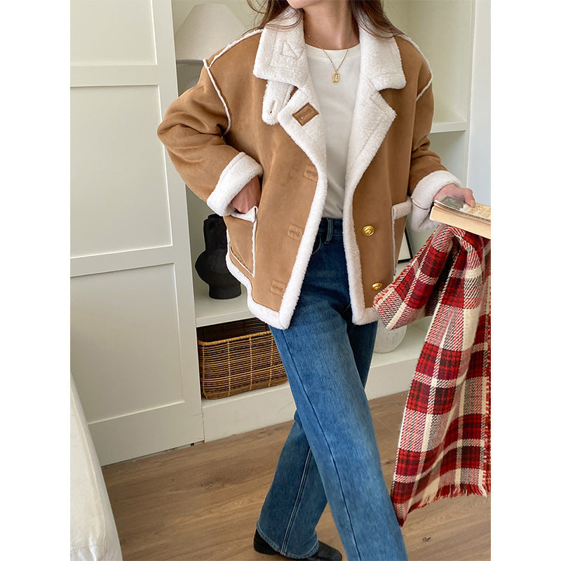 Women's Oversized Shearling Jacket with Wide Lapels