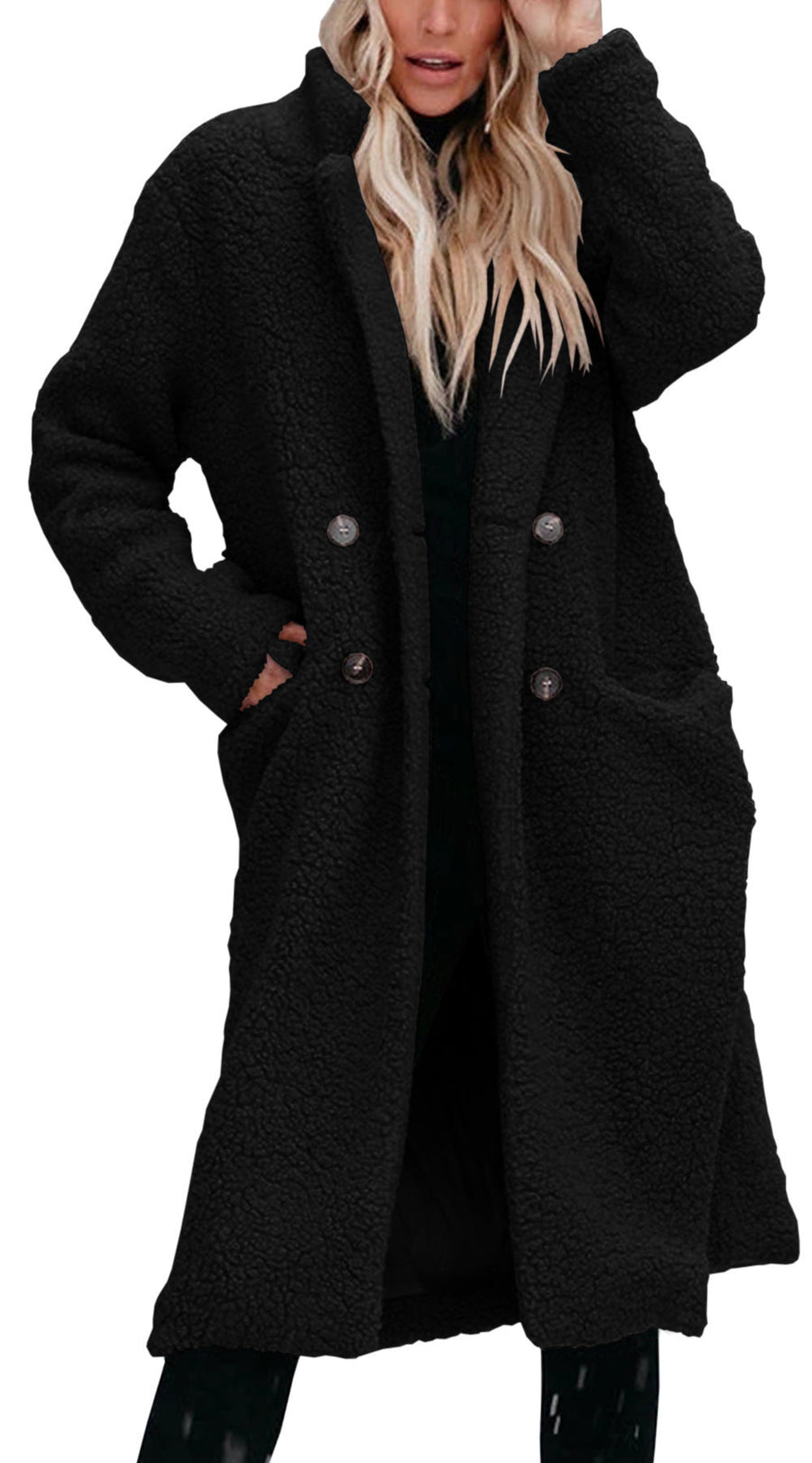 Women's Long Teddy Coat with Button Front Closure