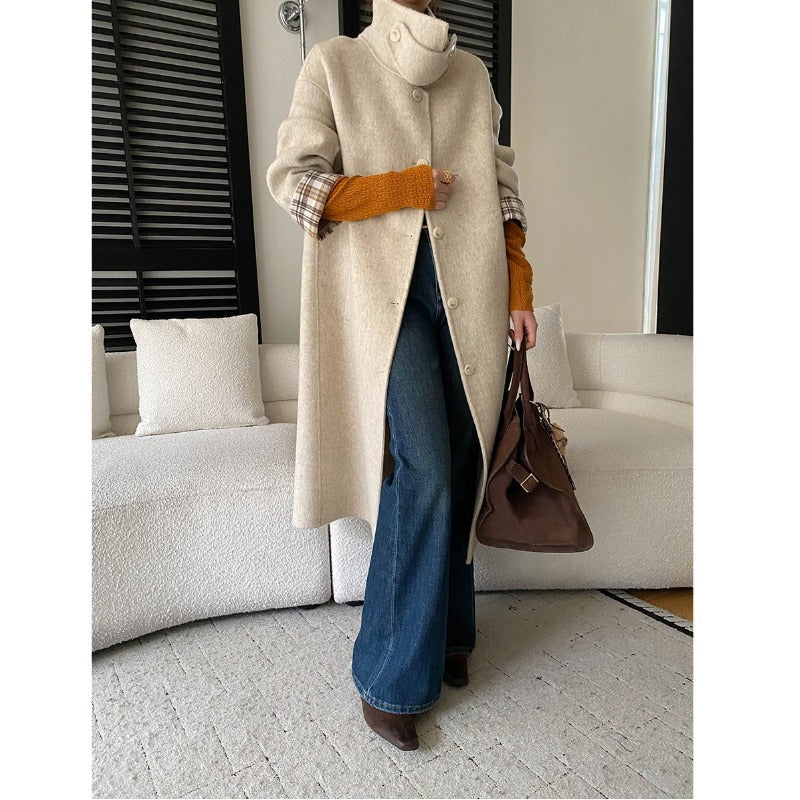 Women's Button-Front Wool-Blend Coat with Stand Collar