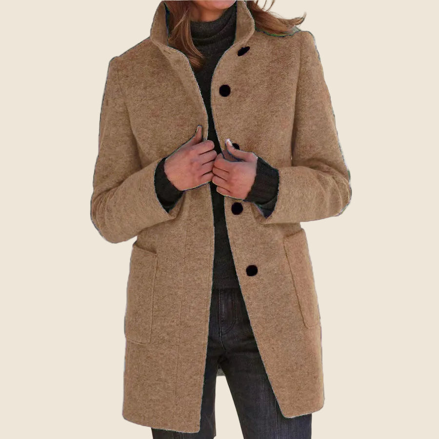 Women's Stand Collar Coat with Button Front and Patch Pockets