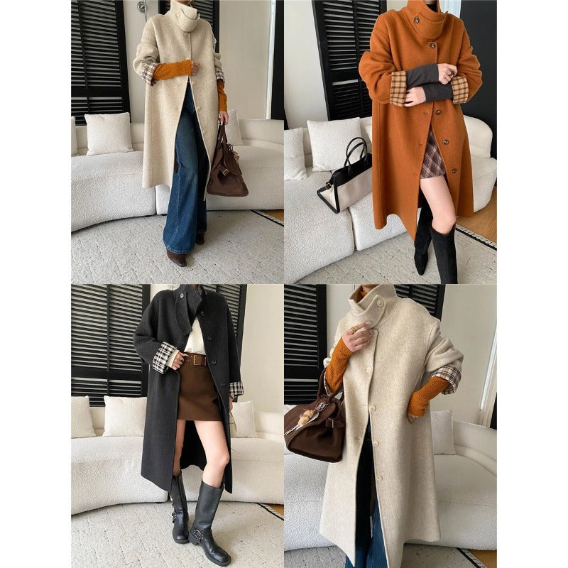 Women's Button-Front Wool-Blend Coat with Stand Collar