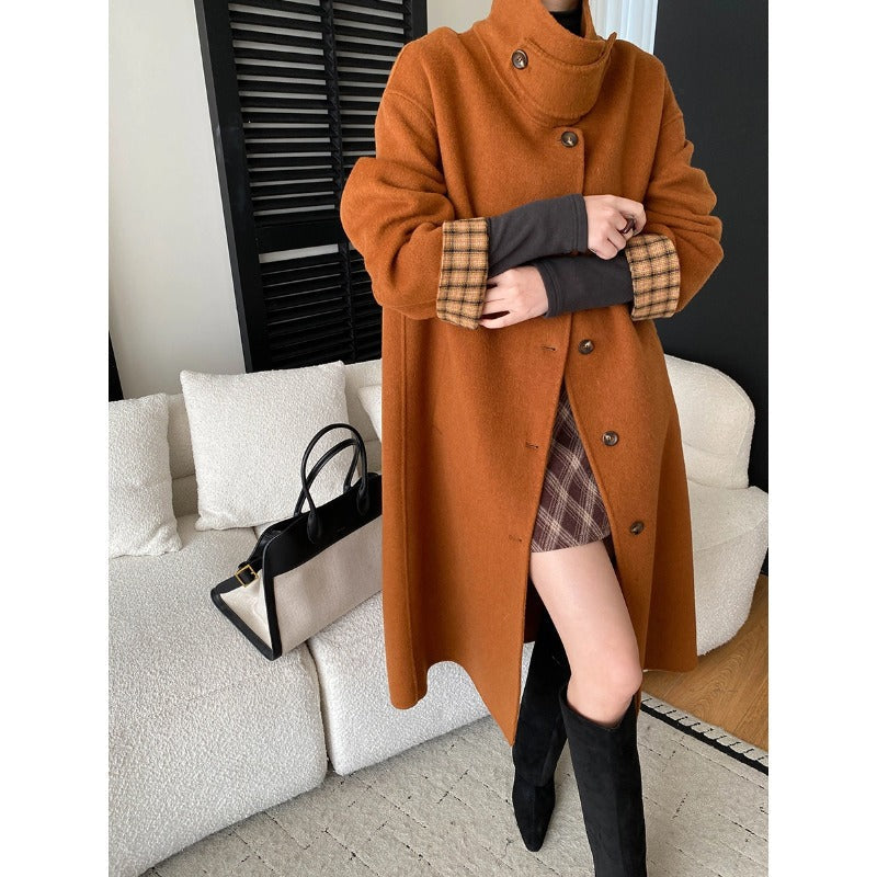 Women's Button-Front Wool-Blend Coat with Stand Collar