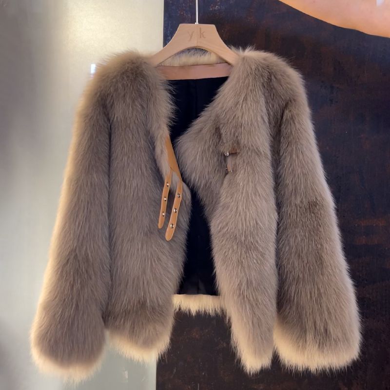 Women's Faux Fur Jacket with Buckle Detail Open Front
