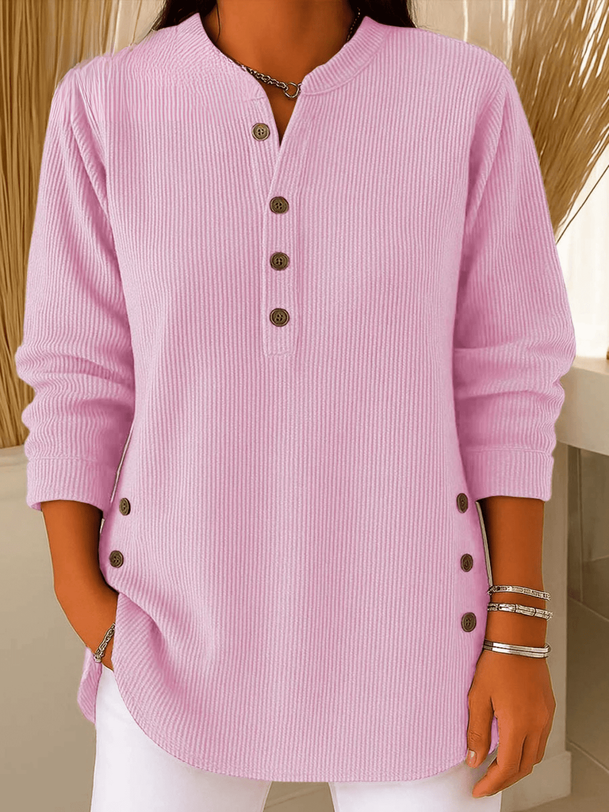 Ribbed Tunic Top with Henley Neckline and Side Button Detail