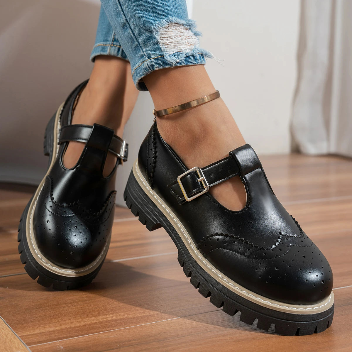 Olivia | Black T-Strap Flat Shoes