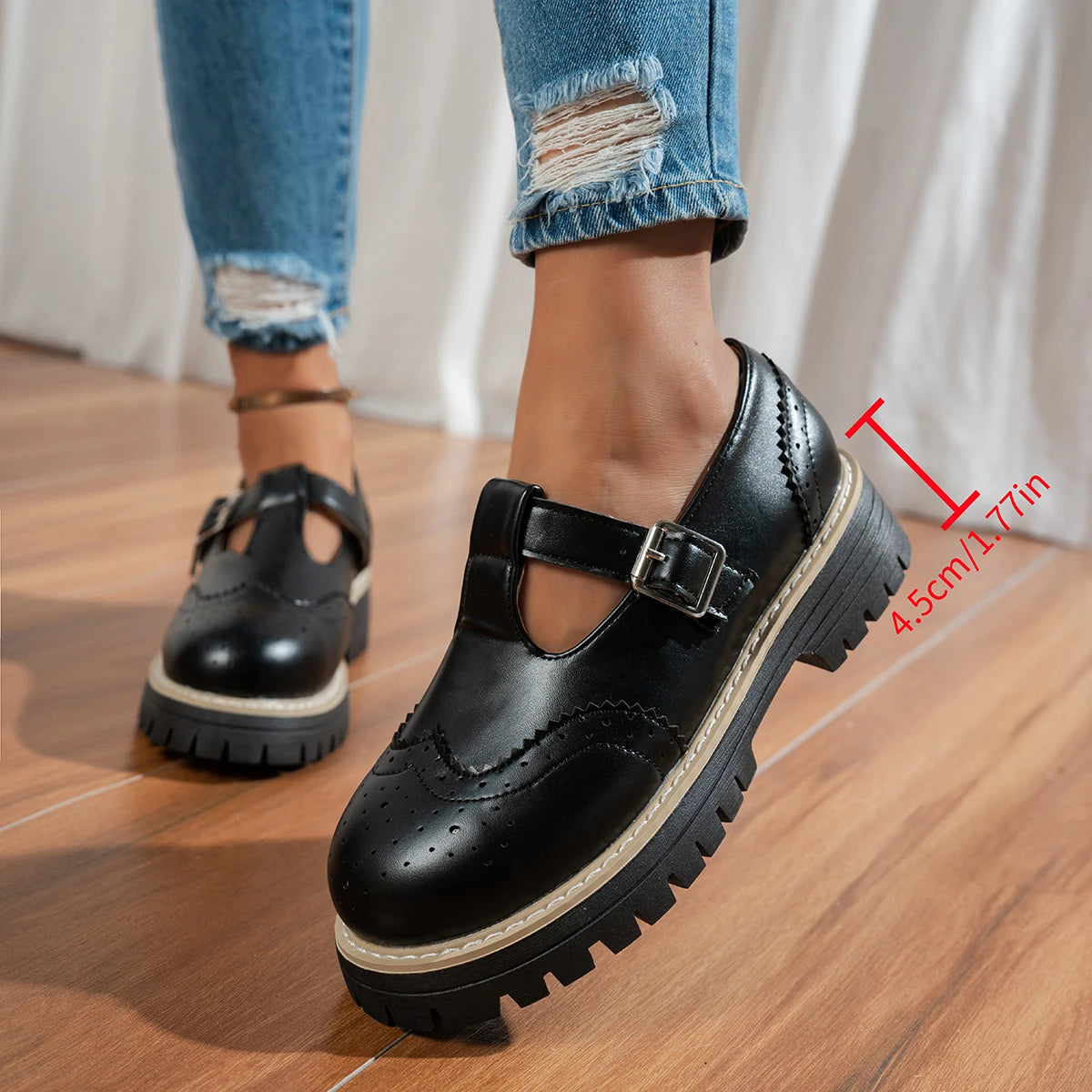 Olivia | Black T-Strap Flat Shoes
