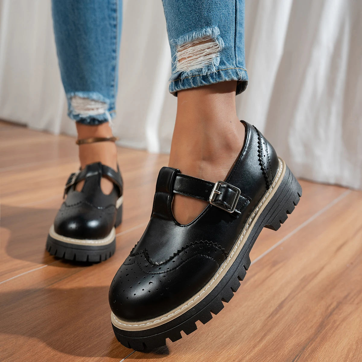 Olivia | Black T-Strap Flat Shoes