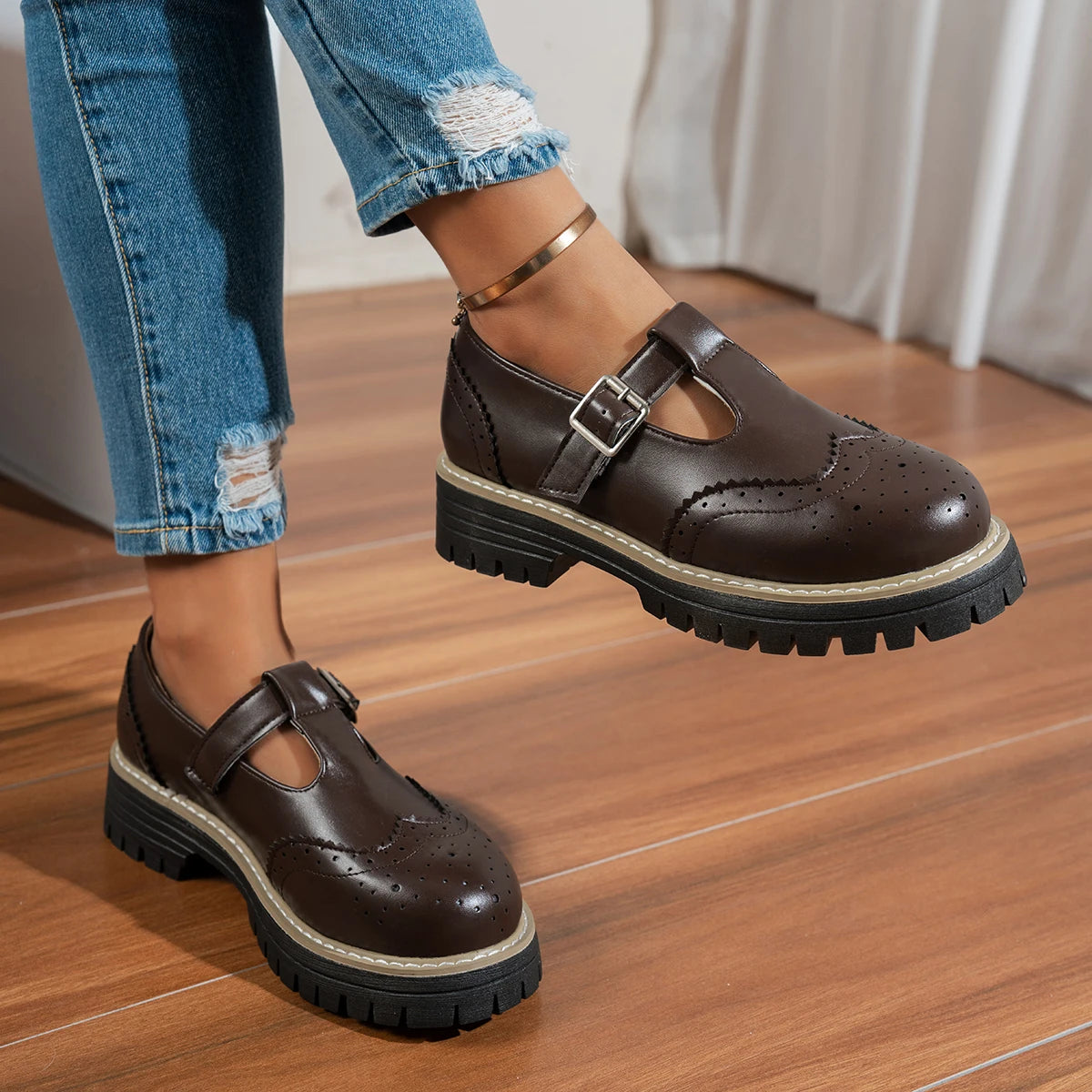 Olivia | Black T-Strap Flat Shoes