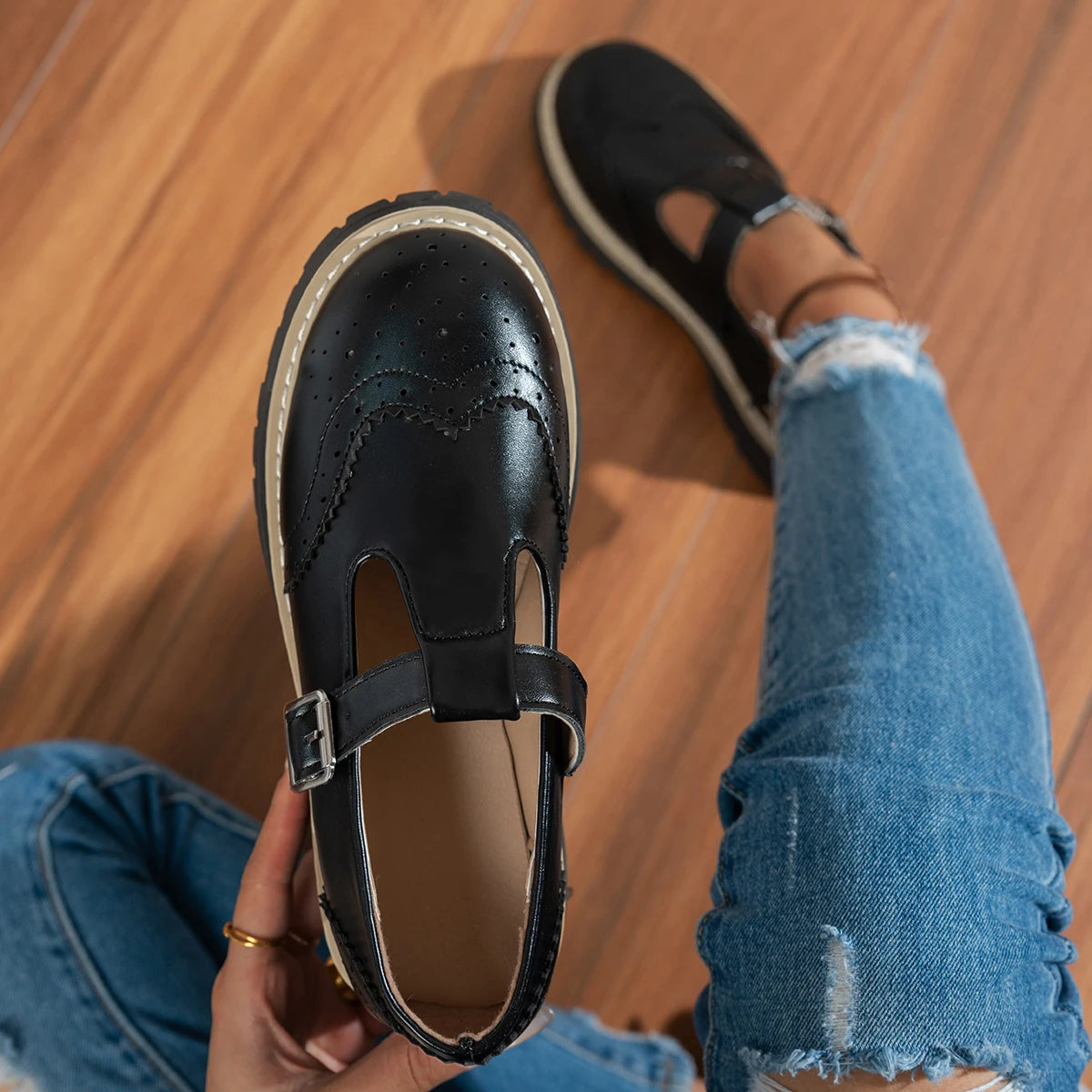 Olivia | Black T-Strap Flat Shoes
