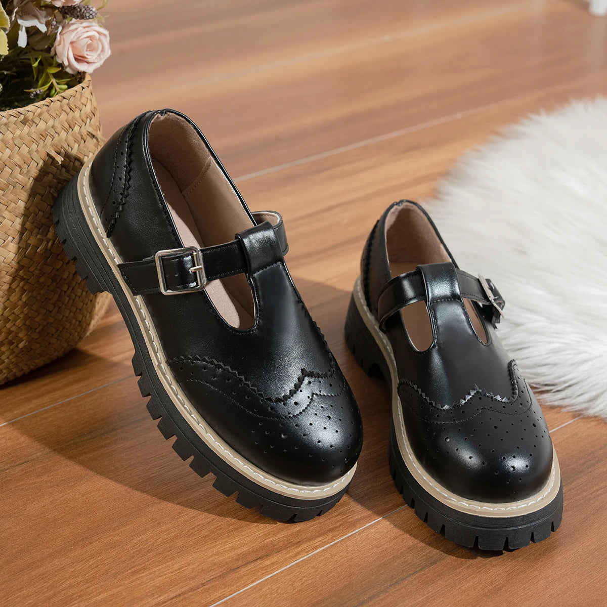 Olivia | Black T-Strap Flat Shoes