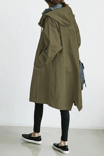 Women's Hooded Trench Coat Button-Front Knee-Length