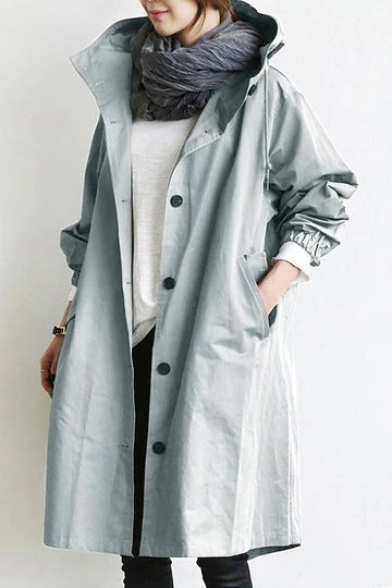 Women's Hooded Trench Coat Button-Front Knee-Length