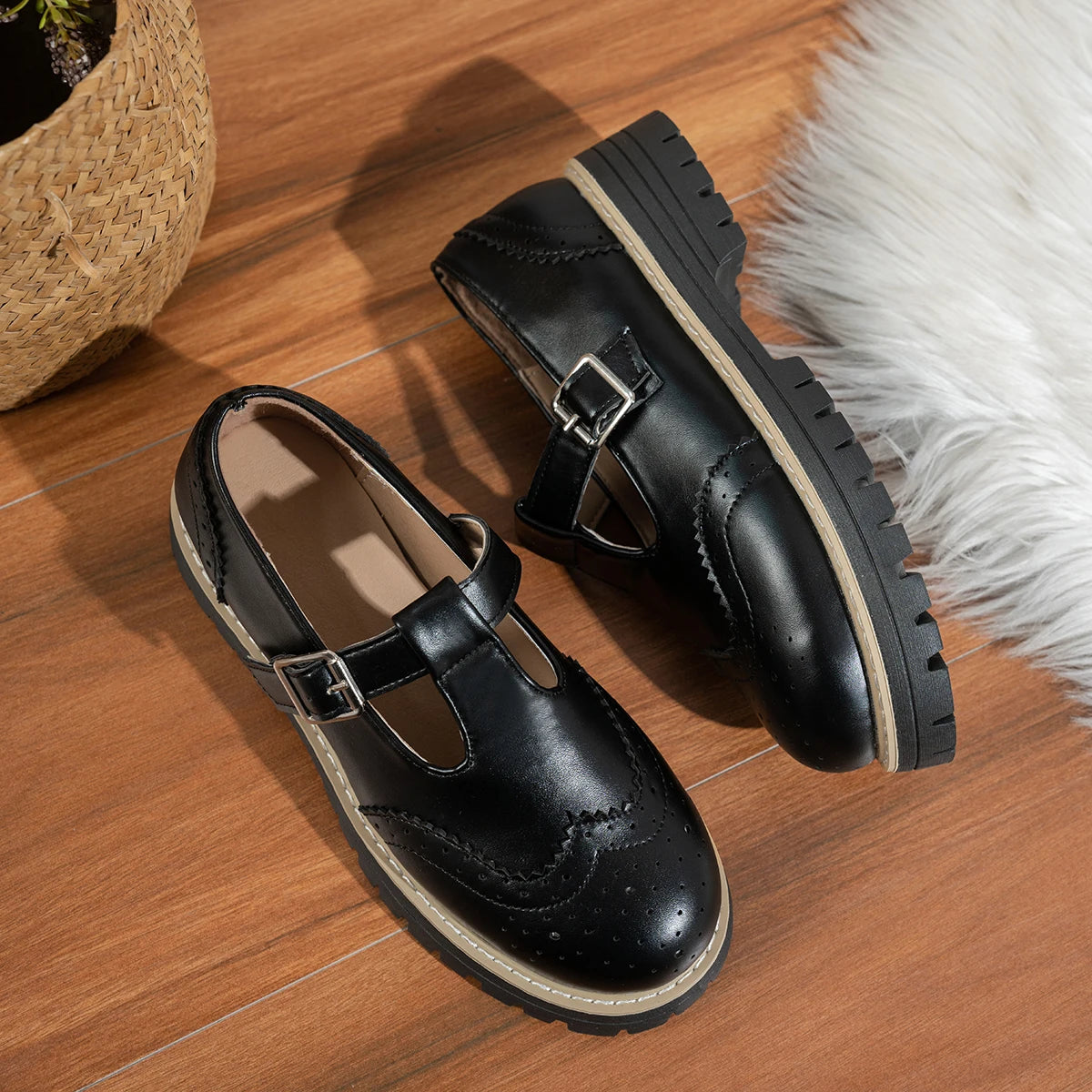 Olivia | Black T-Strap Flat Shoes