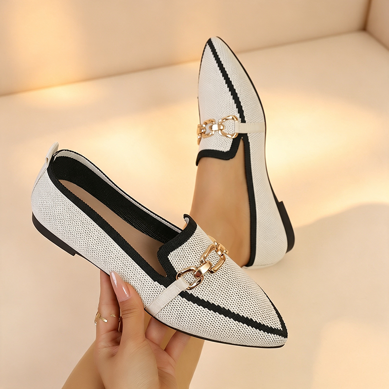 Helen | Pointed Metal Buckle Low-Cut Knitted Loafers