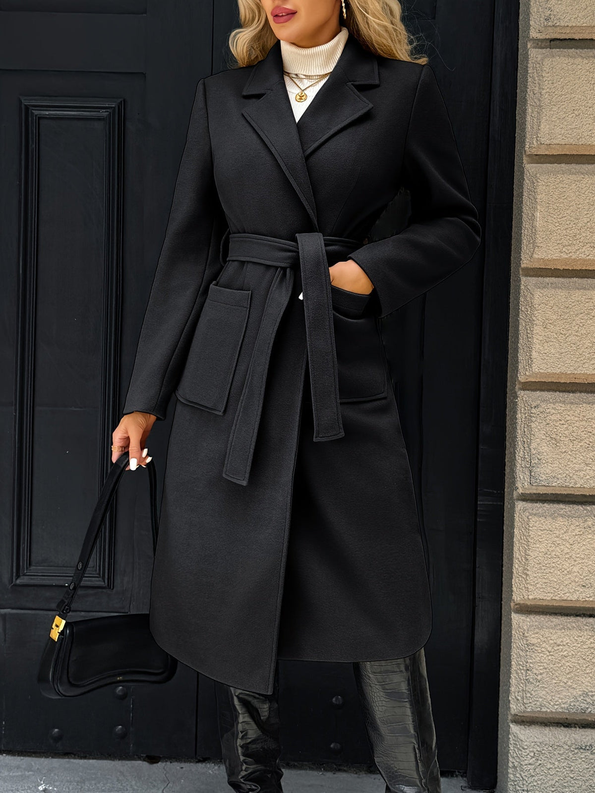 Women's Belted Long Coat Notch Lapel Front Pockets