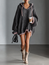 WOMEN'S LOOSE HOODED PINK TRIMMED KNIT MINI DRESS MDA0255I8Y
