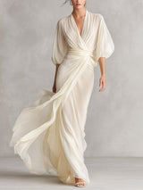 WOMEN'S IVORY SHEER CHIFFON DRESS WITH PUFF SLEEVES & WRAP DETAIL, TIMELESS ROMANTIC-LUXE STYLE DRESS MDZ0932A1I