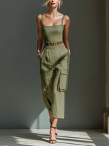 WOMEN'S OLIVE GREEN LINEN FABRIC SLEEVELESS MIDI DRESS WITH CARGO POCKETS & BELTED WAIST MDZ2753A1T