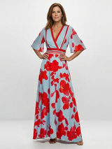 CORINNE | V NECK SHORT SLEEVE FLORAL MAXI DRESS