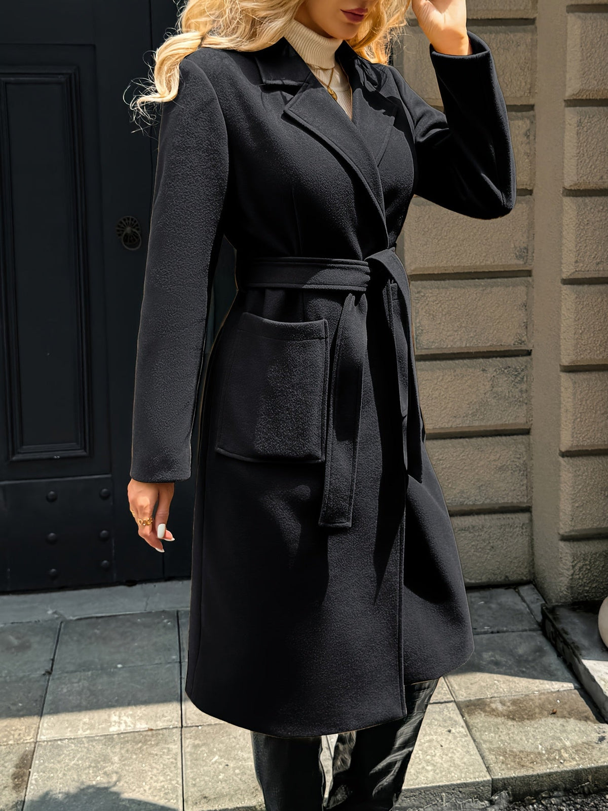 Women's Belted Long Coat Notch Lapel Front Pockets