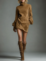 WOMEN'S VINTAGE LOOSE SUEDE TURTLENECK MINI DRESS MDA1693H3Y