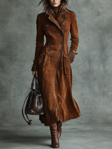 WOMEN'S SUEDE TRIM DOUBLE-BREASTED LAPEL LONG COAT
