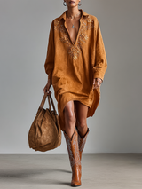 WOMEN'S SUEDE LOOSE LAPEL V-NECK EMBROIDERED LONG-SLEEVED MIDI DRESS MDA1489H9Y