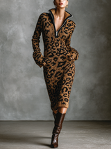 WOMEN'S FASHION LEOPARD JACQUARD KNIT ZIPPER NECK MIDI DRESS MDA2579H3Y