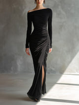 WOMEN'S BLACK ELEGANT JERSEY OFF - SHOULDER RUCHED SLIT MAXI DRESS MDA2125H9I
