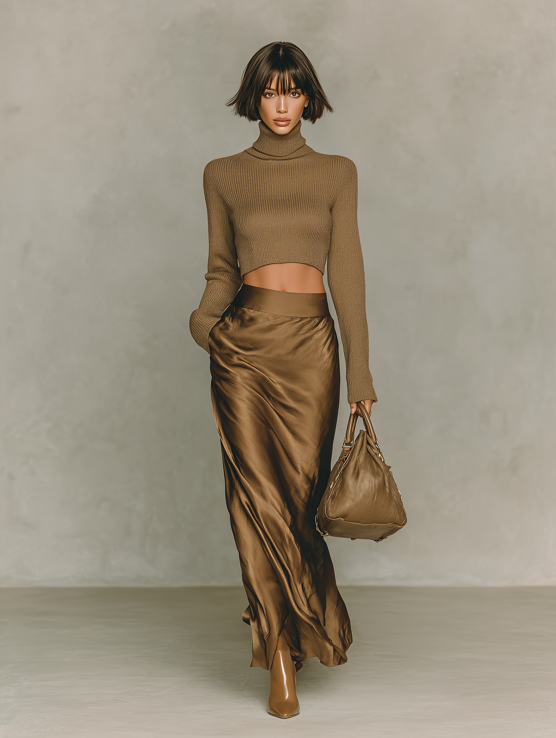 Women's Fashionable Gold-brown Turtleneck Long-sleeved Knit Top