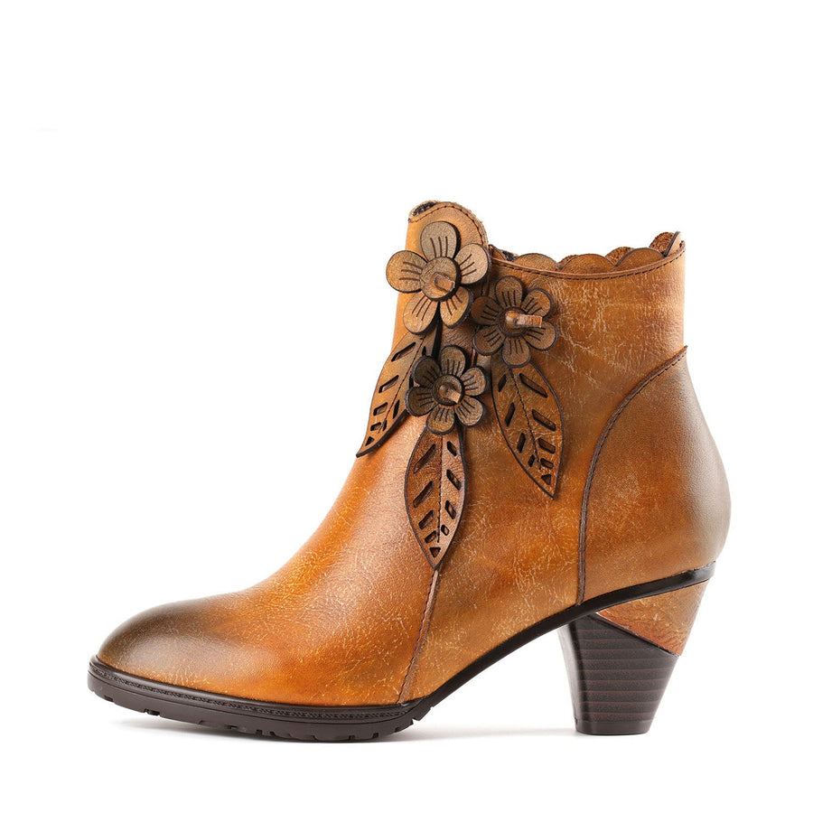 Retro Handmade Floral Leather Solid Color Ankle Boots