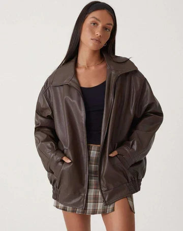 Women's Oversized Leather Jacket with Collar