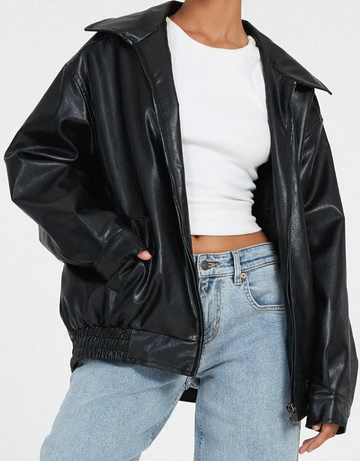 Women's Oversized Leather Jacket with Collar