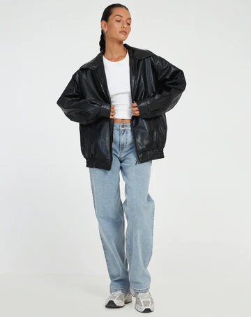 Women's Oversized Leather Jacket with Collar