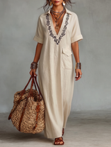 WOMEN'S MINIMALIST LINEN BLEND EMBROIDERED SHORT-SLEEVED SHIRT MAXI DRESS MDZ0600A1Y