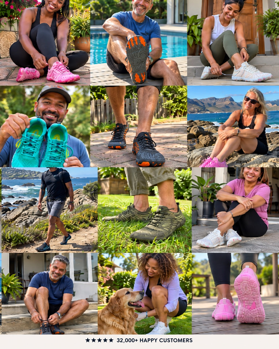 Customers wearing Lurevela barefoot shoes outdoors, 32,000+ happy customers