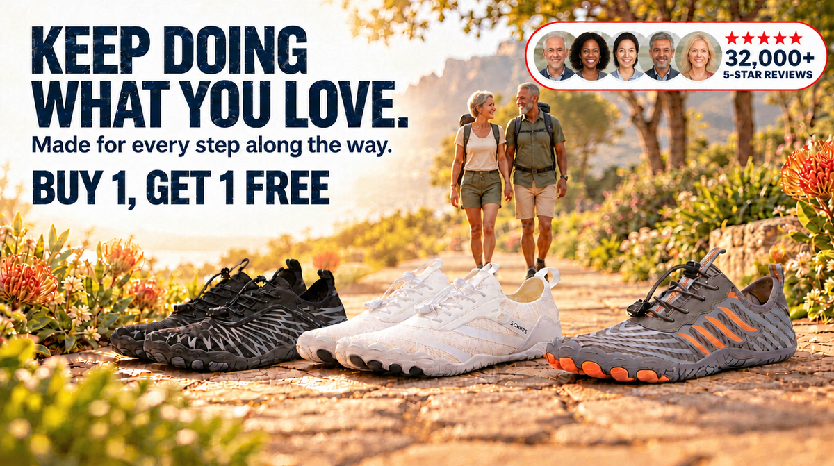 Couple walking a coastal path in Lurevela barefoot shoes - buy 1 get 1 free