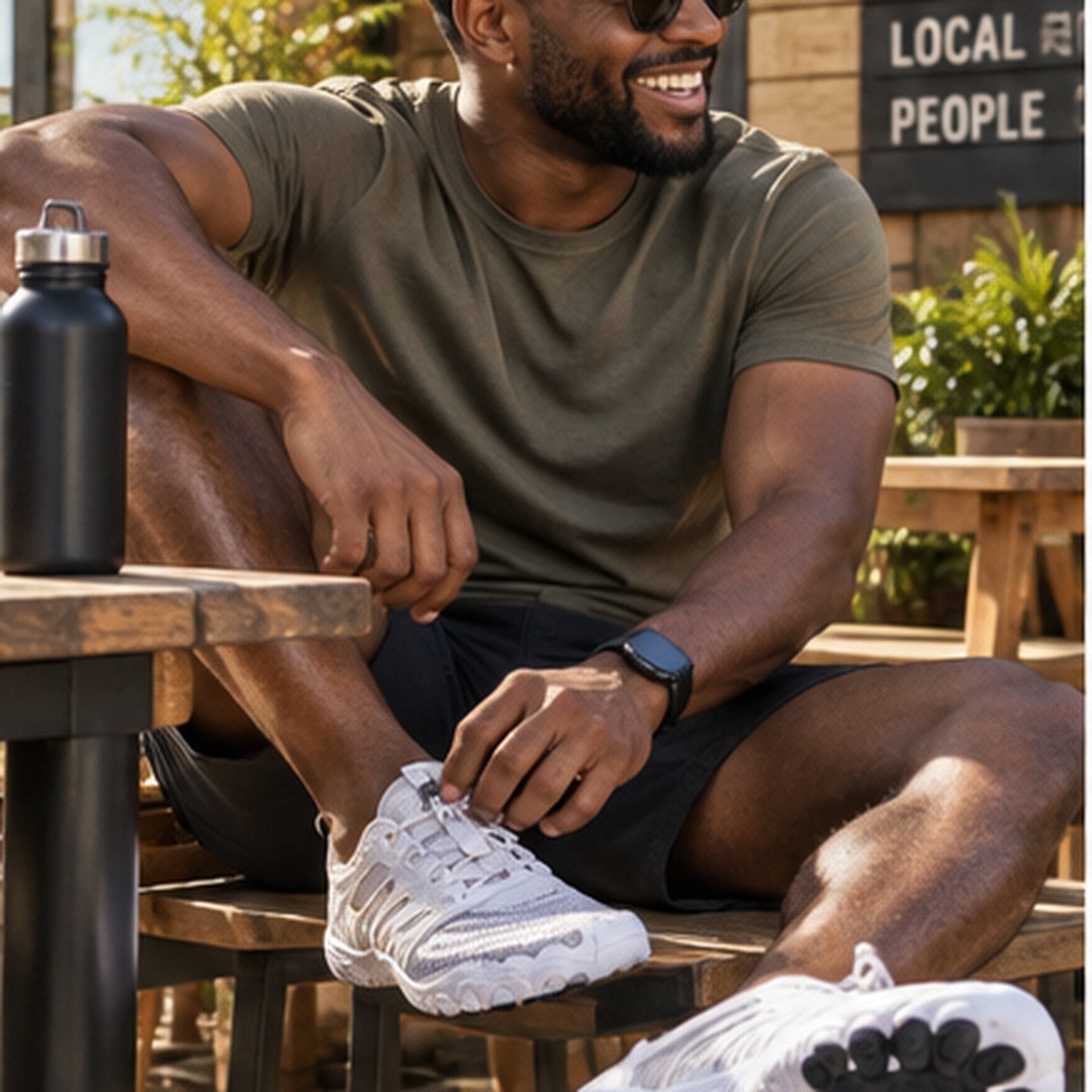 Customer putting on white barefoot shoes outside a cafe