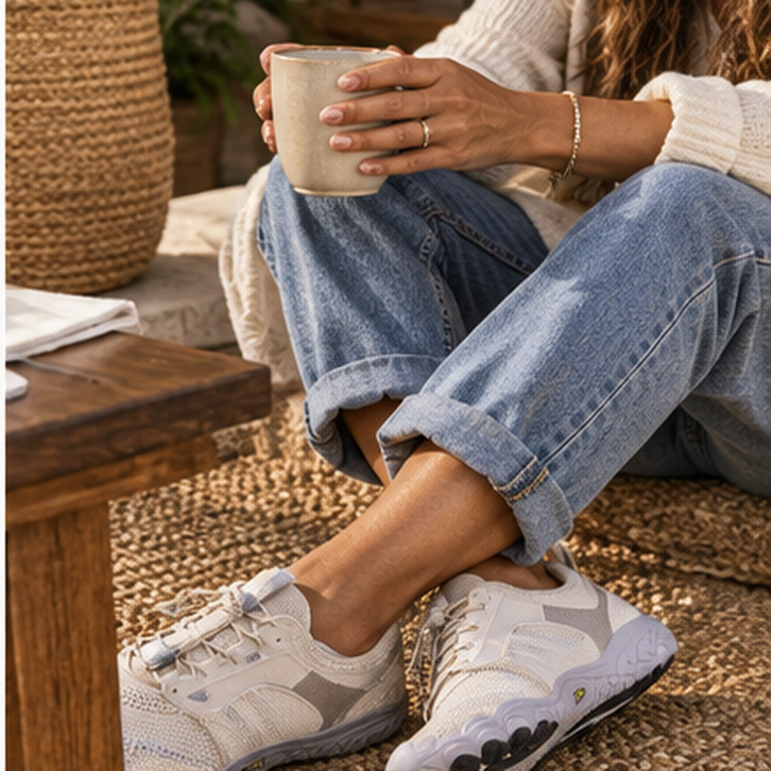 Customer wearing white barefoot shoes at home with a coffee