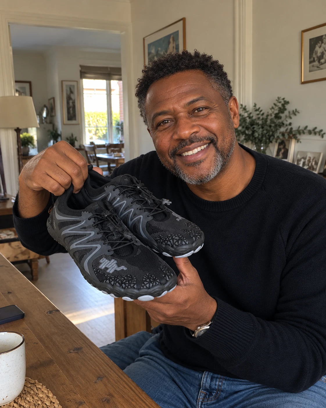 Customer holding black Lurevela barefoot shoes at a table