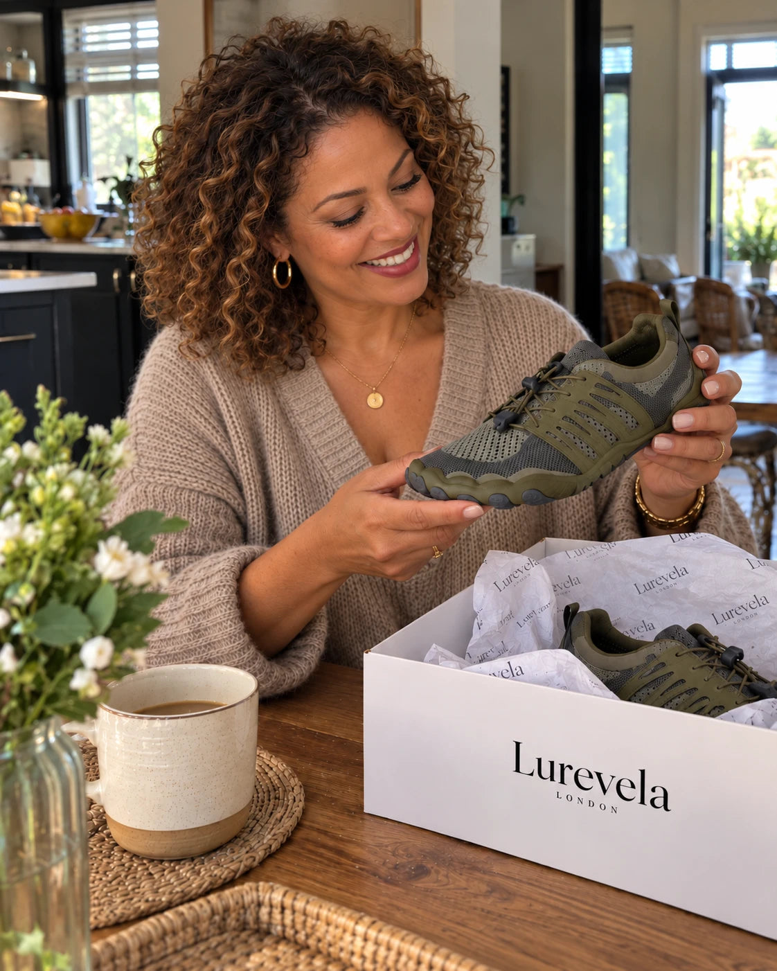 Customer unboxing olive Lurevela barefoot shoes