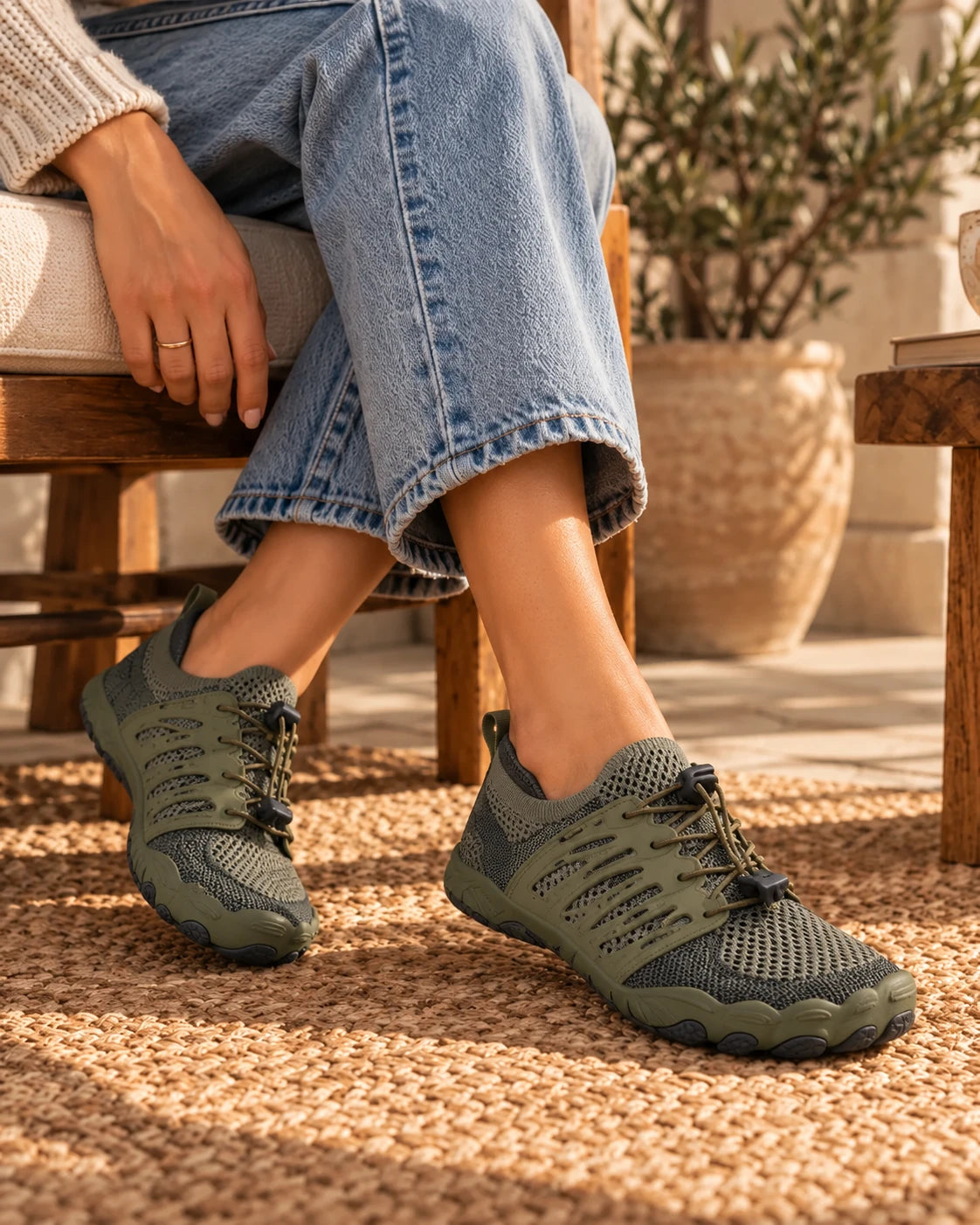 Olive green Lurevela London barefoot shoes worn with jeans