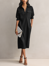 WOMEN'S ELEGANT BLACK COTTON-LINEN BLEND SHIRT COLLAR SHORT-SLEEVED MIDI DRESS MDZ0455C2AN