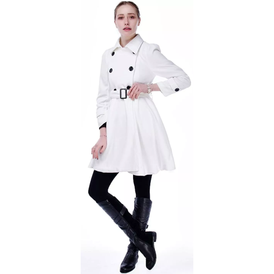 Women's Double-Breasted Belted Coat with Flared Skirt