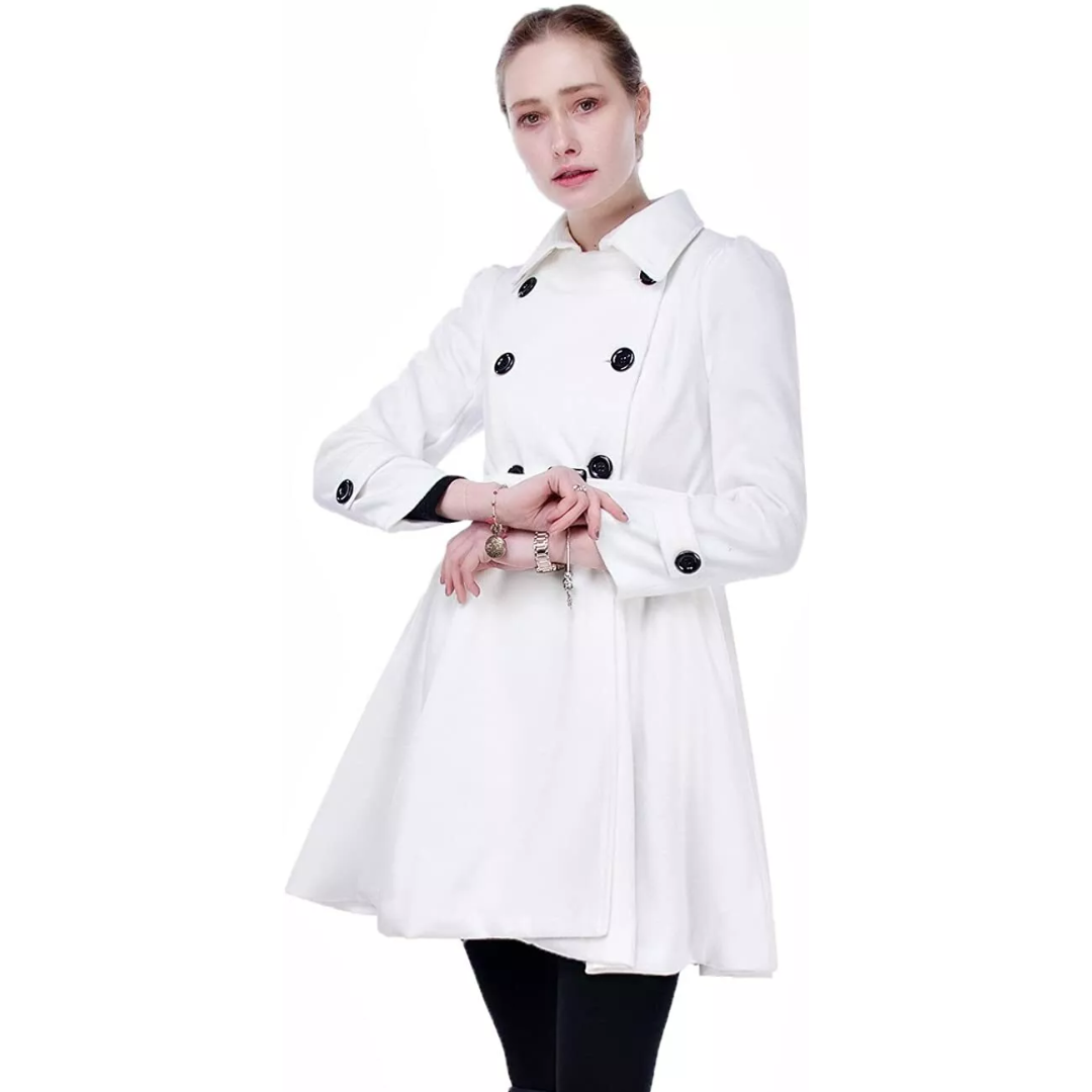 Women's Double-Breasted Belted Coat with Flared Skirt