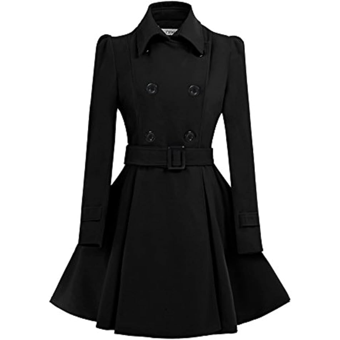 Women's Double-Breasted Belted Coat with Flared Skirt
