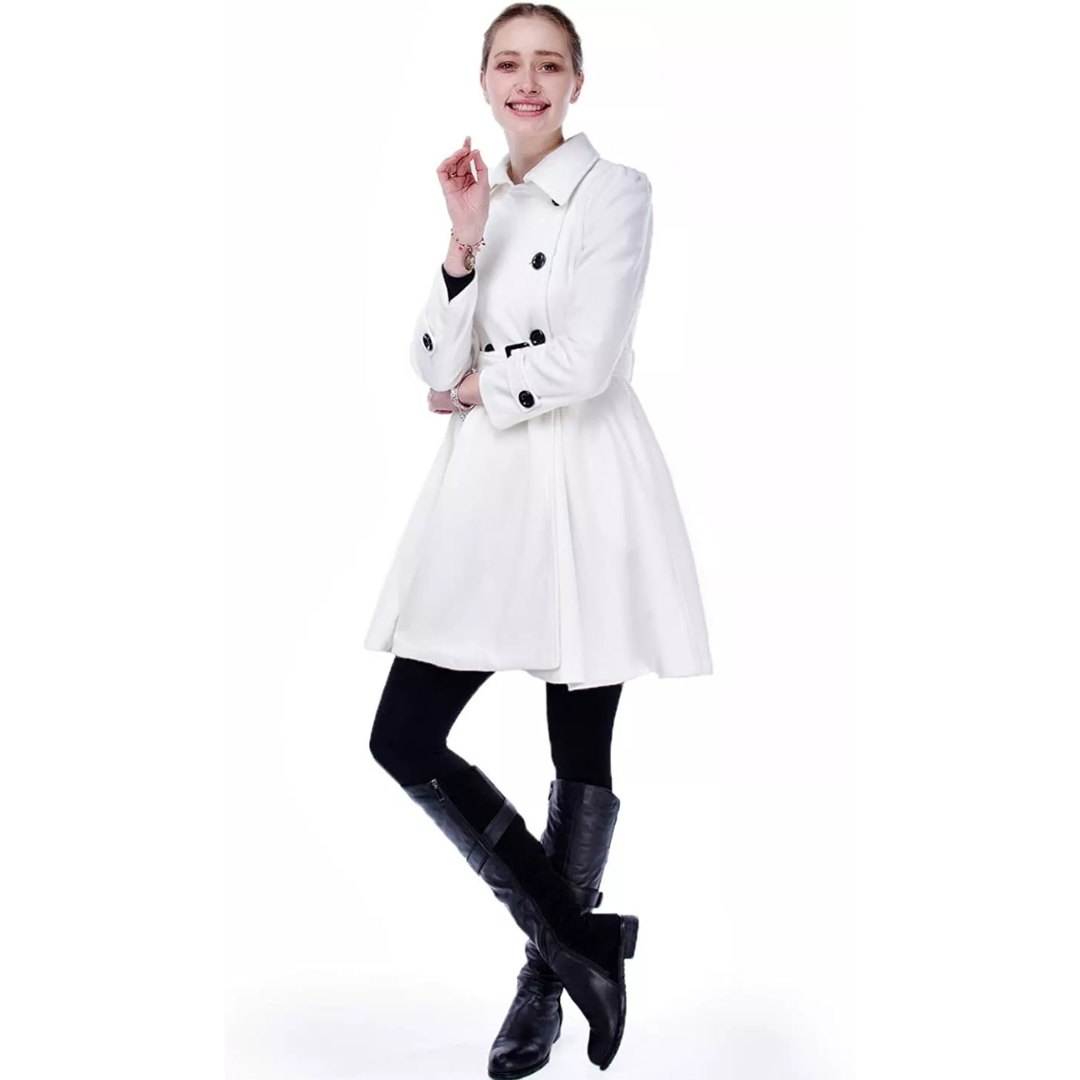 Women's Double-Breasted Belted Coat with Flared Skirt